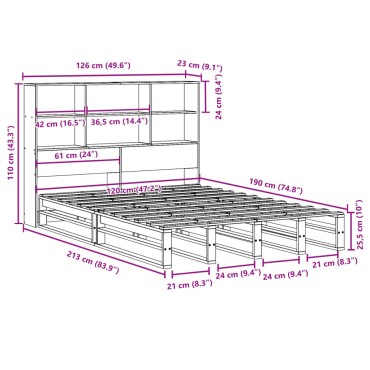 vidaXL Κρεβάτι Βιβλιοθήκη Χωρίς Στρώμα Λευκό 120x190 εκ Μασίφ Πεύκο