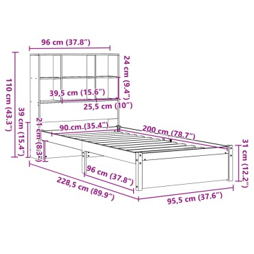 vidaXL Κρεβάτι Βιβλιοθήκη Χωρίς Στρώμα 90x200 εκ Μασίφ Ξύλο Πεύκου