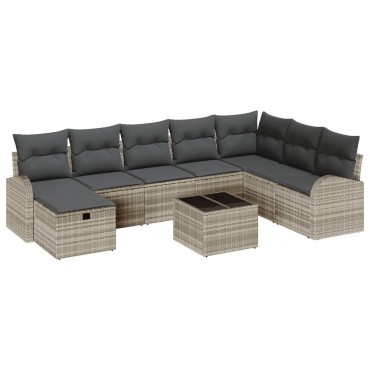 vidaXL Σετ Καναπέ Κήπου 9 Τεμαχίων με Μαξιλάρια Light Grey Πολυ Ρατάν