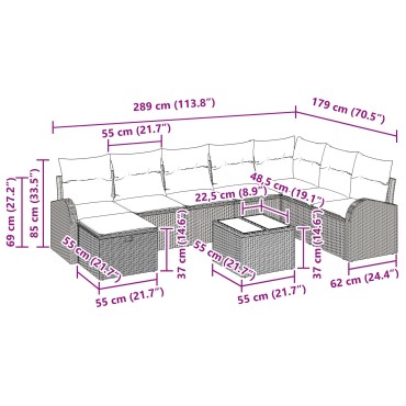 vidaXL Σετ Καναπέ Κήπου 9 Τεμαχίων με Μαξιλάρια Light Grey Πολυ Ρατάν