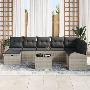 vidaXL Σετ Καναπέ Κήπου 9 Τεμαχίων με Μαξιλάρια Light Grey Πολυ Ρατάν