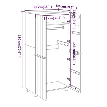 vidaXL Ντουλάπα HAMAR Καφέ Μελί 89x50x180cm Μασίφ Ξύλο Πεύκου 1 τεμ.