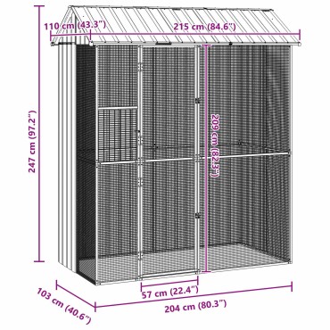 vidaXL Κλουβί Πουλιών Γκρι 215 x 110 x 247 εκ. Επικαλυμμένος Χάλυβας