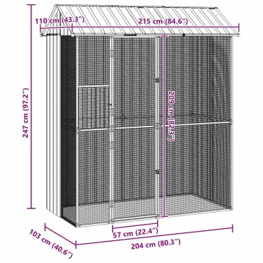 vidaXL Κλουβί Πουλιών Γκρι 215 x 110 x 247 εκ. Επικαλυμμένος Χάλυβας