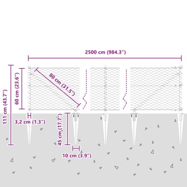 vidaXL Εξάγωνος Φράχτης Πράσινος 0.6x25 μ Μεταλλικός, Στηλοί Φράχτη vidaXL με Στερέωμα 13 τεμ 32 mm 80cm Γαλβανισμένος Ατσάλι