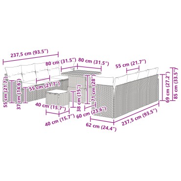 Σετ καναπέ κήπου 11 τεμαχίων με μαξιλάρια γκρι πολυ ρατάν ακακία, Σετ τραπεζαρίας 3 τεμαχίων κήπου με μαξιλάρια γκρι πολυ ρατάν ακακία