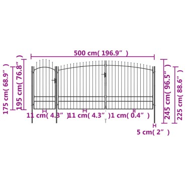 vidaXL Καγκελόπορτα με Λόγχες Μαύρη 5 x 2,45 μ.