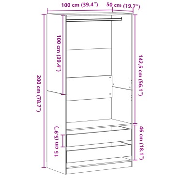 vidaXL Ντουλάπα Μαύρο Δρυς 100x50x200cm Επεξεργασμένο Ξύλο 1 τεμ.