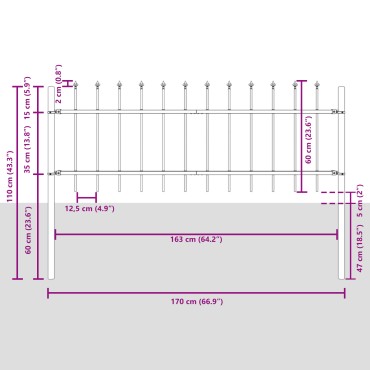 vidaXL Φράχτης Κήπου με Σημεία Σπαθιού Γκρι 5,1x0,6 μ Ατσάλι 170xx5 cm