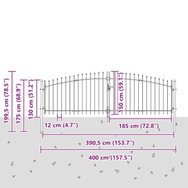 vidaXL Πύλη Κήπου με Ακίδες Διπλής Στροφής Γκρι 150x400 εκ Χάλυβας