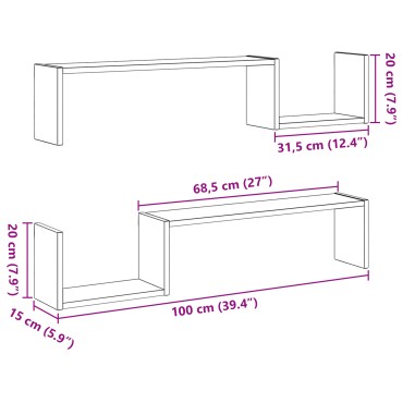 VidaXL Επιτοίχια Ράφα 2 τεμ. Μαύρη Οξιά 100x15x70cm Επεξεργασμένο Ξύλο