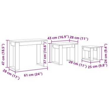 vidaXL 3- τεμ. Ένθετα Τραπέζια σε Μαύρη Βελανιδιά από Επεξεργασμένο Ξύλο 61x28x47 cm