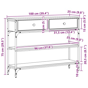 vidaXL Κονσόλα Μαύρο Δρυς 100x25x75cm Κατασκευασμένο ξύλο & Χάλυβας 1 τεμ.