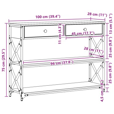 vidaXL Κονσόλα Μαύρη Δρυς 100x28x75cm Επεξεργασμένου Ξύλου & Ατσαλιού 1 τεμ.