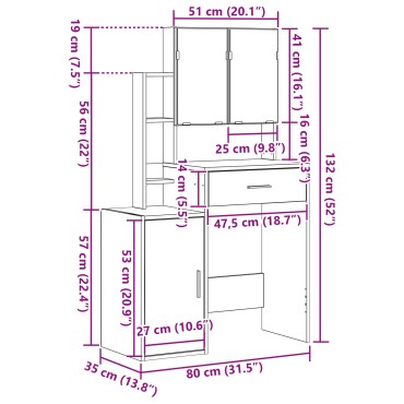 vidaXL Τουαλέτα με Καθρέφτη και LEDs Artisan Oak Επεξεργασμένο Ξύλο 80x35x132 cm 1 τεμ.
