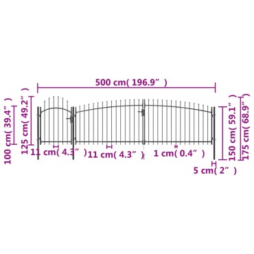 vidaXL Καγκελόπορτα με Λόγχες Μαύρη 5 x 1,75 μ.