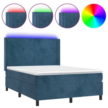 vidaXL Κρεβάτι Boxspring με Στρώμα & LED Σκ. Μπλε 140x190εκ. Βελούδινο