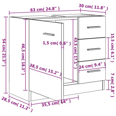 vidaXL Ντουλάπι Νιπτήρα Καφέ δρυς 63x30x54cm Επεξεργ. Ξύλο 1 τεμ.