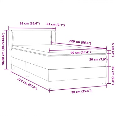 vidaXL Κρεβάτι Boxspring με Στρώμα Σκούρο Γκρι 90x220 εκ. Βελούδινο