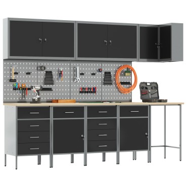 vidaXL 12 κομμάτια Σετ Ντουλάπας Εργασίας και Πίνακα Μεγάλων Μαύρο MDF και Μέταλλο