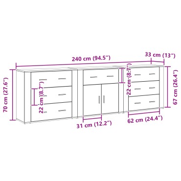 vidaXL Sideboards 3 τεμ. Μαύρος Δρυς Επεξεργασμένο Ξύλο 240x33x70cm