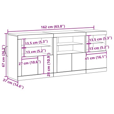 vidaXL Μπουφές με Φώτα LED Παλιό Ξύλο 162x37x67cm Μασίφ Ξύλο 1 τεμ.