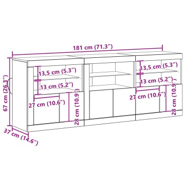 vidaXL Μπουφές με LED Φώτα Παλιό Ξύλο 181.5x37x67cm από Μηχανικά Ξύλα 1 τεμ.