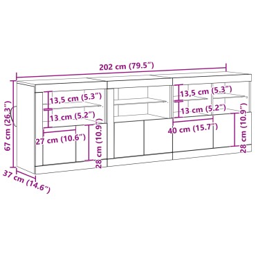 vidaXL Μπουφές με LED Φώτα Παλιού Ξύλου 202x37x67cm Κατασκευασμένο Ξύλο 1 τεμ.
