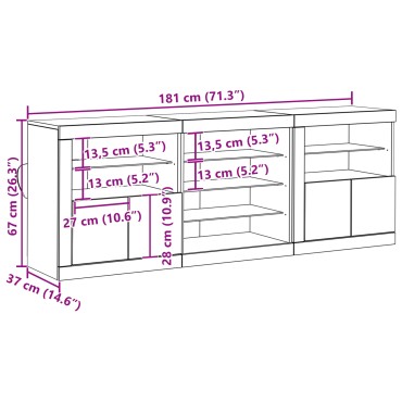 vidaXL Μπουφές με LED Φώτα Παλιό Ξύλο 181,5x37x67 εκ 1 τεμ.