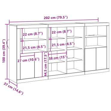 vidaXL Μπουφές με LED Φώτα Παλιό Ξύλο 202x37x100cm Κατασκευασμένο ξύλο 1 τεμ.
