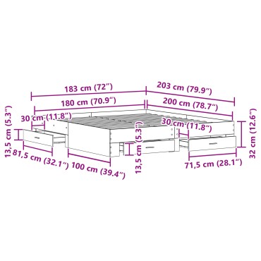 Bed Frame με Συρτάρια Παλαιού Ξύλου 180x200 εκ. Κατασκευασμένο Ξύλο