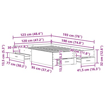 Bed Frame με Συρτάρια Μαύρη Δρυς 120x190 εκ Επεξεργασμένο Ξύλο