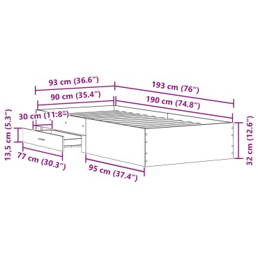 Bed Frame μαύρο δρυς 90x190 εκ. Επεξεργασμένο ξύλο