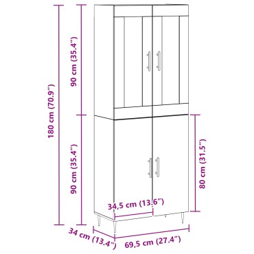 vidaXL Ψηλό Ντουλάπι Μαύρης Δρυός 69.5x34x180cm Μηχανισμένο Ξύλο 1 τεμ.