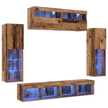 vidaXL Σετ 8 Επιτοίχιων Μονάδων TV με LED Παλαιό Ξύλο Επεξεργασμένο Ξύλο