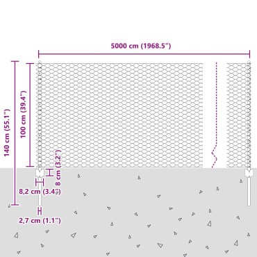 22 Πόλοι Φράχτη U-Channel Γκρι 100cm Χάλυβας, Εξαγωνικός Φράχτης Γκρι 1x50 μ Χάλυβας