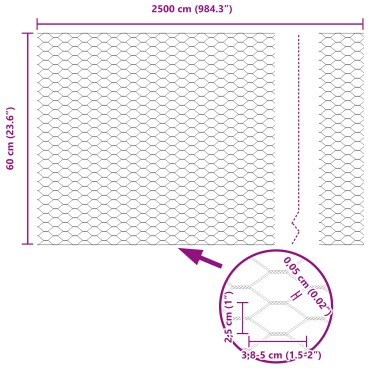 vidaXL Εξαγωνική Φράχτη με Στύλο 25x0,6 μ Γαλβανισμένος Χάλυβας
