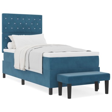 vidaXL Box Spring Κρεβάτι με Στρώμα & Παγκάκι Σκούρο Μπλε 90x190 εκ Βελούδο