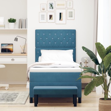 vidaXL Box Spring Κρεβάτι με Στρώμα & Παγκάκι Σκούρο Μπλε 90x190 εκ Βελούδο