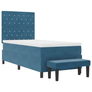 vidaXL Box Spring Κρεβάτι με Στρώμα & Παγκάκι Σκούρο Μπλε 90x190 εκ Βελούδο