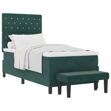 vidaXL Κρεβάτι Box Spring με Στρώμα & Πάγκο Σκούρο Πράσινο 100x200 εκ Βελούδο