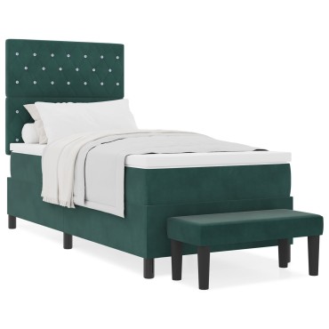 vidaXL Κρεβάτι Box Spring με Στρώμα & Πάγκο Σκούρο Πράσινο 100x200 εκ Βελούδο