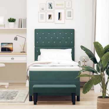 vidaXL Κρεβάτι Box Spring με Στρώμα & Πάγκο Σκούρο Πράσινο 100x200 εκ Βελούδο