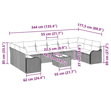 vidaXL Σετ Καναπέ 10 Τεμαχίων με Μαξιλάρια Γκρι Πολυ Ρατάν