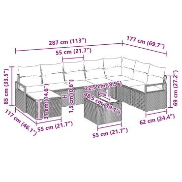vidaXL Σετ Σαλονιού Κήπου 9 κομματιών με Μαξιλάρια Γκρι Πολυ Ρατάν