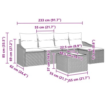 vidaXL Σετ Κήπου 6 Τεμαχίων με Μαξιλάρια Καφέ Πολυ Ρατάν