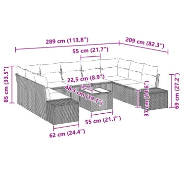 vidaXL Σετ Καναπέ 10 Τεμαχίων με Μαξιλάρια Γκρι Πολυ Ρατάν