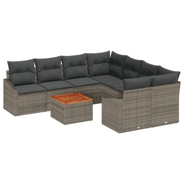 vidaXL Σετ Καναπέ 9 Τεμαχίων με Μαξιλάρια Γκρι Poly Rattan Acacia