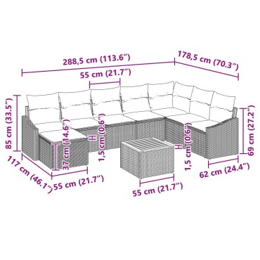 vidaXL Σετ 9 Τεμαχίων Καναπέ Κήπου με Μαξιλάρια Γκρι Πολυ Ρατάν Ακακίας