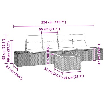 vidaXL Σετ Καναπέ Κήπου 5 Τεμαχίων με Μαξιλάρια Μαύρο Πολυ Ράταν Ακακία